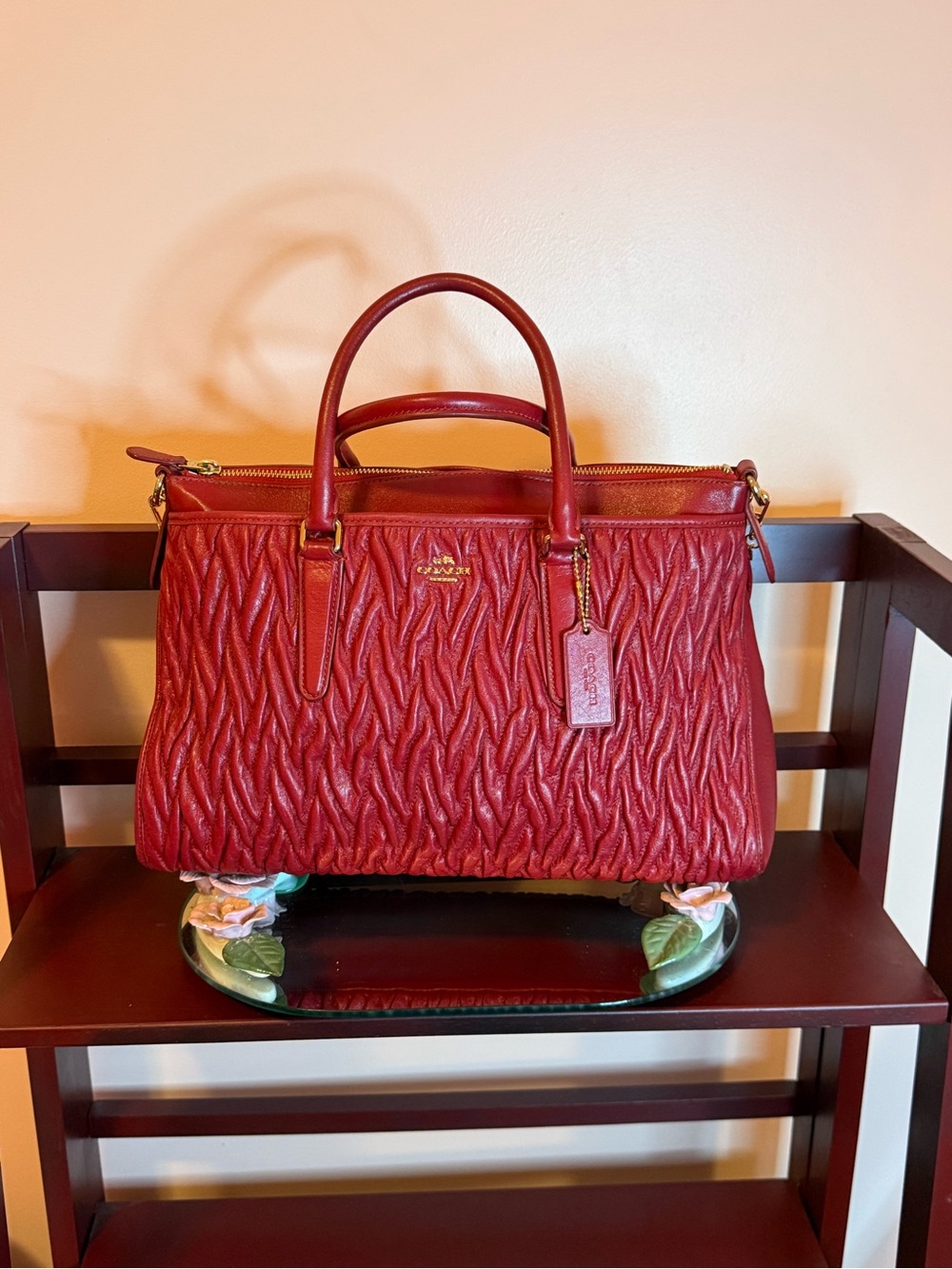 Coach Quilted Red Leather Satchel with Top Handles
